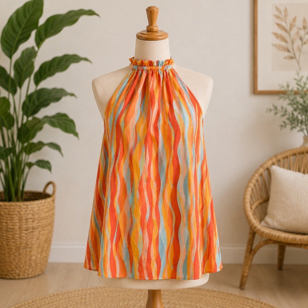 NWT Cupshe Halter Top Women Medium Orange Blue Striped Tropical Wave Sleeveless
